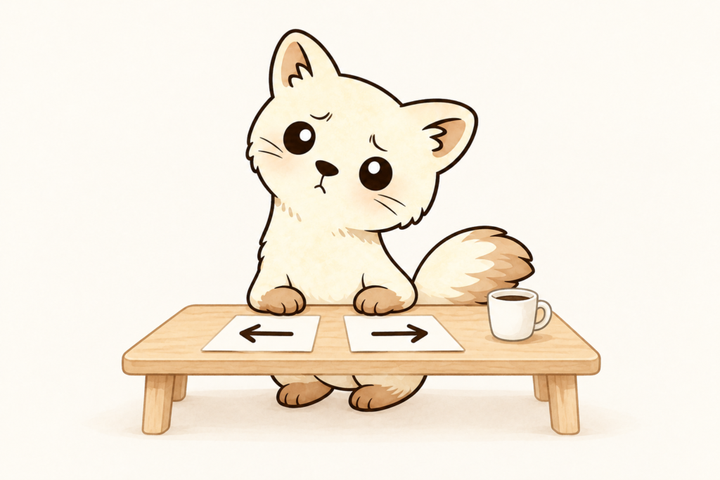 逆向きの矢印が描かれた二枚のメモを前に、戸惑うエゾクロテンちゃん