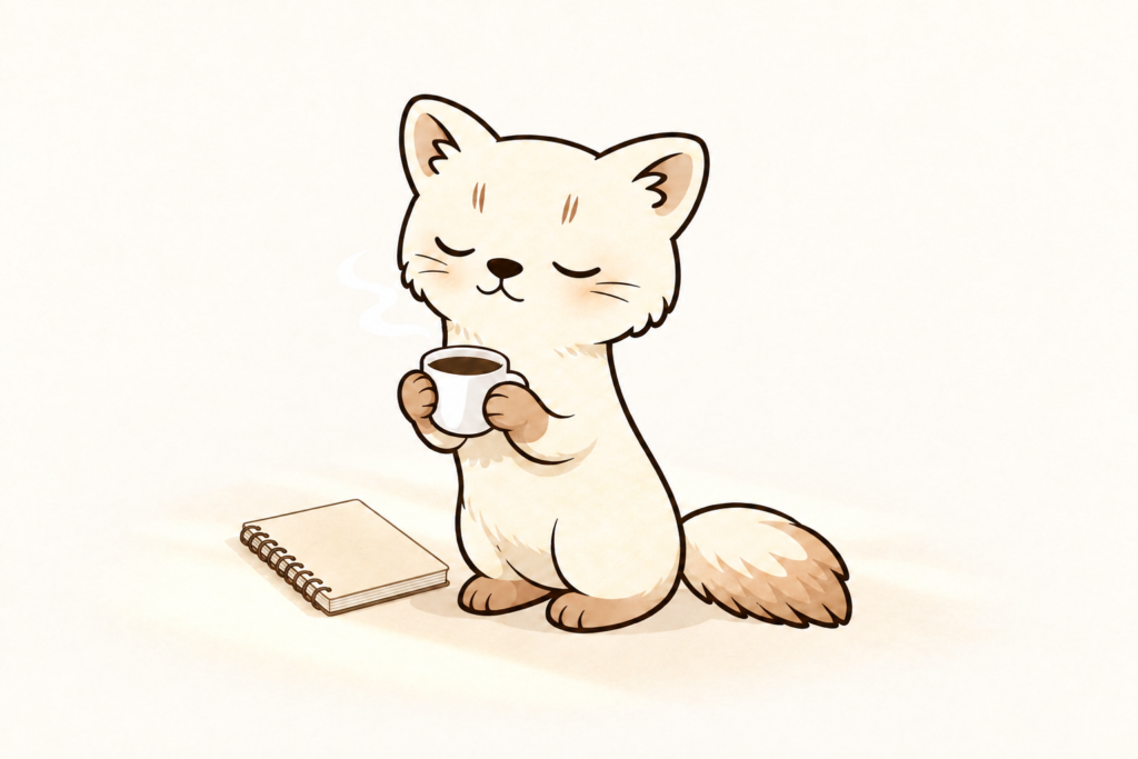 閉じたノートのそばで、目を閉じてカップを持つエゾクロテンちゃん