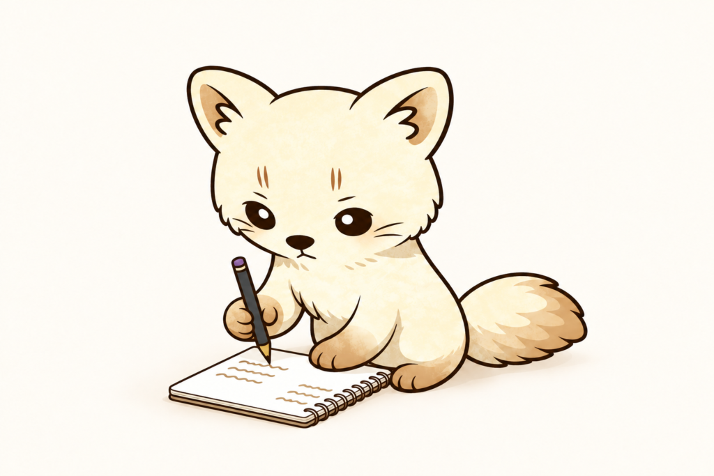 ノートを見下ろし、考えを書き出すエゾクロテンちゃん